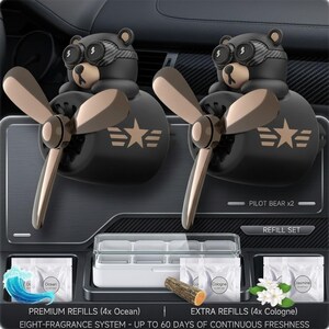 Airplane car air freshener with rotating propeller and pilot bear design, designed as a vent clip diffuser for car interiors. This decorative car accessory provides light fragrance while adding a fun aviation-inspired touch. Made from durable ABS material, it easily attaches to air vents and spins with airflow. Perfect for enhancing car decor and keeping your vehicle fresh during daily drives or road trips.