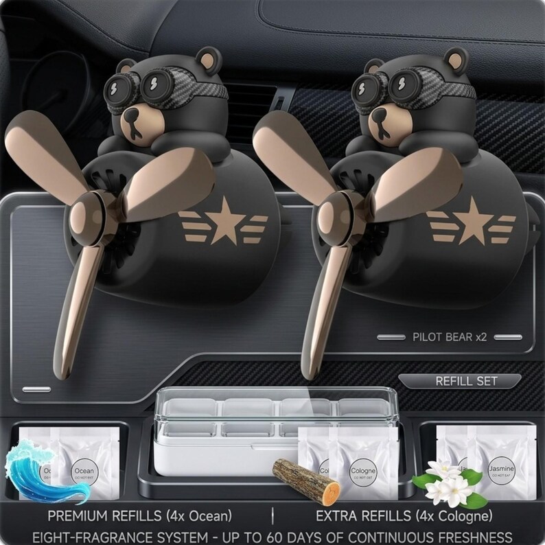 Airplane car air freshener with rotating propeller and pilot bear design, designed as a vent clip diffuser for car interiors. This decorative car accessory provides light fragrance while adding a fun aviation-inspired touch. Made from durable ABS material, it easily attaches to air vents and spins with airflow. Perfect for enhancing car decor and keeping your vehicle fresh during daily drives or road trips.