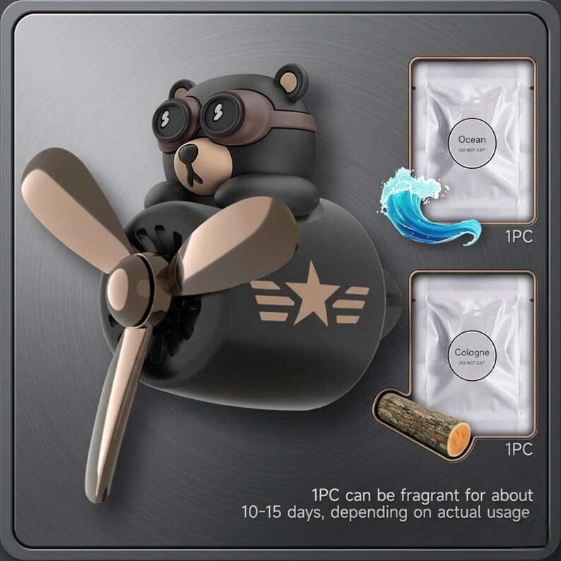 Airplane car air freshener with rotating propeller and pilot bear design, designed as a vent clip diffuser for car interiors. This decorative car accessory provides light fragrance while adding a fun aviation-inspired touch. Made from durable ABS material, it easily attaches to air vents and spins with airflow. Perfect for enhancing car decor and keeping your vehicle fresh during daily drives or road trips.
