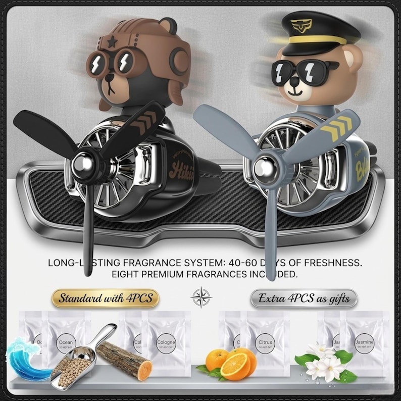 Airplane car air freshener with rotating propeller and pilot bear design, designed as a vent clip diffuser for car interiors. This decorative car accessory provides light fragrance while adding a fun aviation-inspired touch. Made from durable ABS material, it easily attaches to air vents and spins with airflow. Perfect for enhancing car decor and keeping your vehicle fresh during daily drives or road trips.