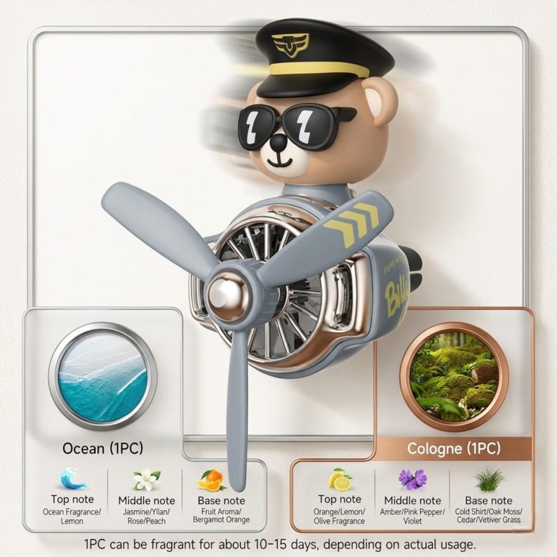 Airplane car air freshener with rotating propeller and pilot bear design, designed as a vent clip diffuser for car interiors. This decorative car accessory provides light fragrance while adding a fun aviation-inspired touch. Made from durable ABS material, it easily attaches to air vents and spins with airflow. Perfect for enhancing car decor and keeping your vehicle fresh during daily drives or road trips.