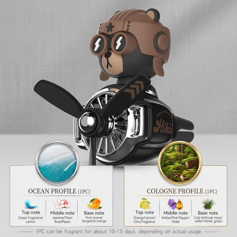 Airplane car air freshener with rotating propeller and pilot bear design, designed as a vent clip diffuser for car interiors. This decorative car accessory provides light fragrance while adding a fun aviation-inspired touch. Made from durable ABS material, it easily attaches to air vents and spins with airflow. Perfect for enhancing car decor and keeping your vehicle fresh during daily drives or road trips.