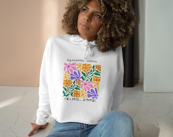Crop hoodie, kleurrijke crop hoodie met bloemenprint | Pastelkleurige botanische vierkante print