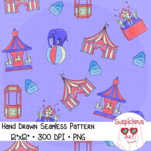 May include: A hand-drawn seamless pattern featuring circus elements like carousels, tents, ticket booths, and a clown juggling. The design includes a purple elephant balancing on a ball, all set against a lavender background. The text "Hand Drawn Seamless Pattern" is included.