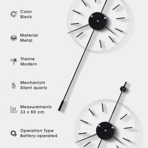 Modern Black Glass Wall Clock, Silent Quartz Metal Clock with Pendulum, Minimalist Contemporary Wall Decor for Living Room, Tempered Glass