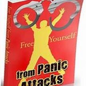 May include: A book entitled "Free Yourself from Panic Attacks" with a red cover. The cover shows a yellow silhouette of a person with raised arms, handcuffs, and the title in bold yellow font.
