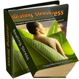 Puede incluir: Un libro titulado "Beating Stress" con una mujer rodeada de hojas verdes en la portada. El título está en naranja y blanco en la portada y el lomo del libro. También se ve el sitio web CrazyMembership.com.