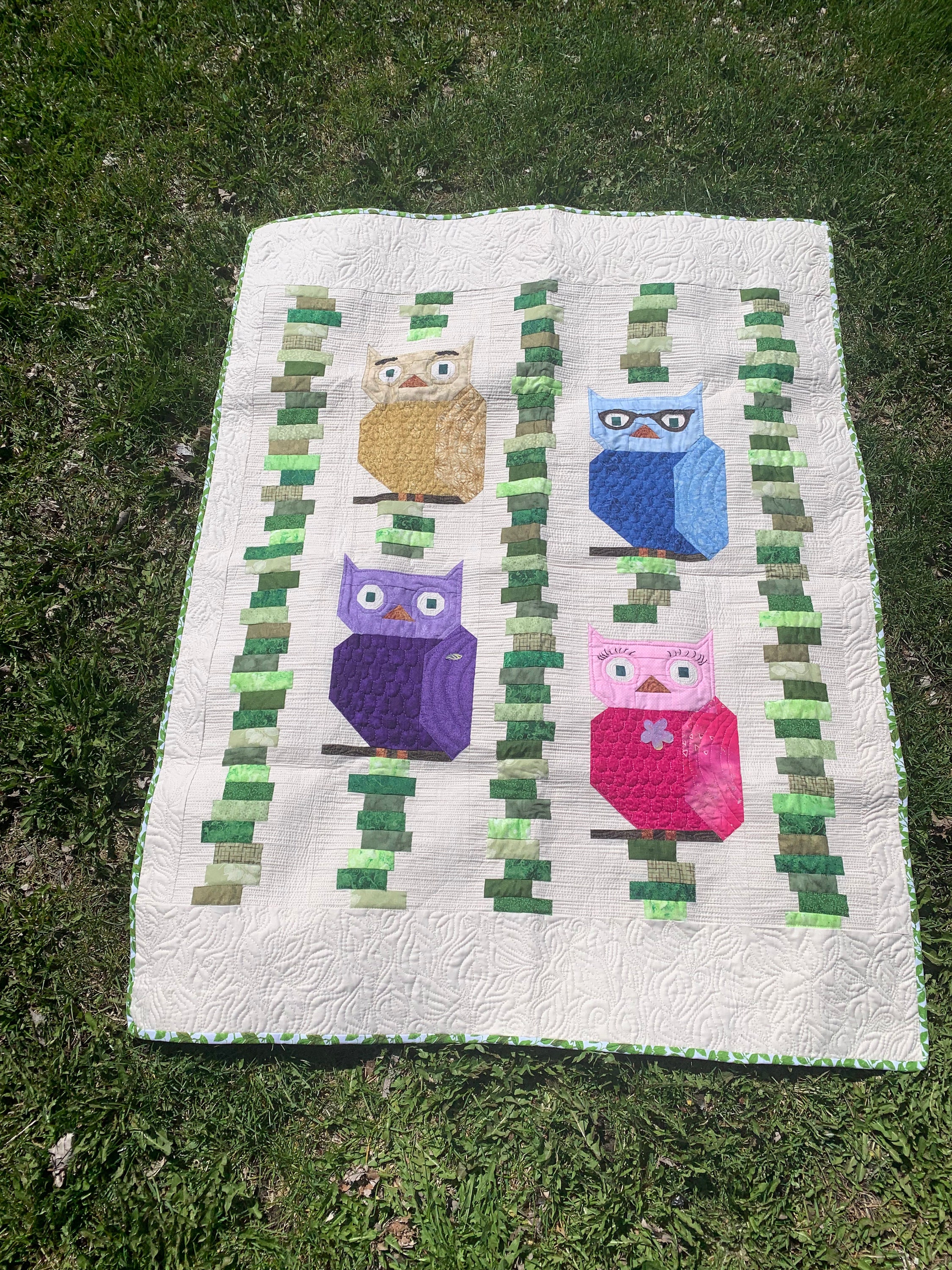 Handmade Quilt, Owl Family Portrait, Unique, Modern, Wall hanging, Baby quilt, Toddler quilt, Child 