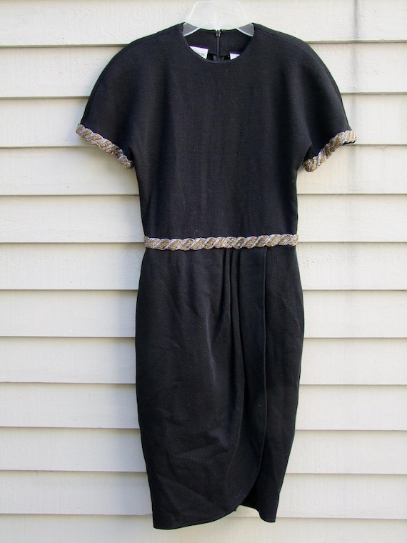 Black wool Albert Nipon dress with pewter and bron