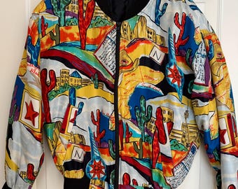 Vintage Carol Horn Workshop Silk Bomber Jacket with Western Desert theme SZM