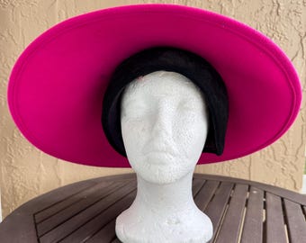 Vintage Large Brim Pink and Black Felt Hat Mr. John Classic 70's