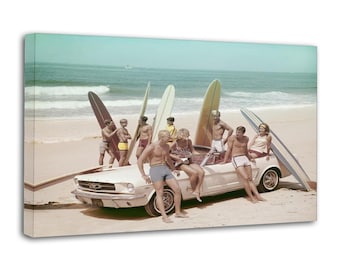 1960s Ford Mustang Beach Surf Scene Canvas Print – Retro Mid Century Coastal Summer Decor