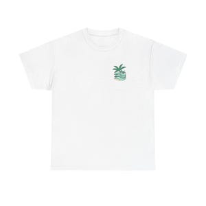 May include: White t-shirt featuring a small, minimalist design of a palm tree and ocean waves in shades of green and blue. The graphic is located on the upper left chest area of the shirt. The shirt is made of a soft, comfortable material.