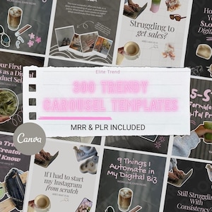 Könnte beinhalten: Eine Collage von Social-Media-Marketing-Vorlagen mit dem Text "300 Trendy Carousel Templates" in pinkfarbenem Neon. Die Vorlagen sind für Verkäufer digitaler Produkte bestimmt und enthalten das Canva-Logo. Weitere Texte sind "MRR & PLR Included."