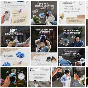 Op de afbeelding: Een digitale collage van social media marketing templates met diverse lifestyle afbeeldingen, tekstoverlays en grafische elementen. Het raster toont educatieve inhoud over contentcreatie, groeistrategieën en digitale zakelijke tips.
