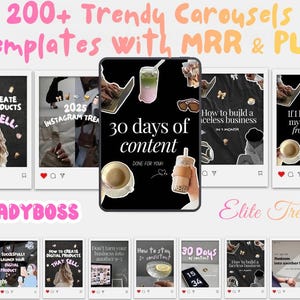 Könnte beinhalten: Ein Werbebild mit Instagram-Karussellvorlagen. Das Bild zeigt Mock-up-Instagram-Posts mit Text wie "30 Tage Content" und "Wie man digitale Produkte verkauft". Der Text "200+ Trendige Karussellvorlagen mit MRR & PLR" ist ebenfalls sichtbar.
