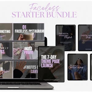 Op de afbeelding: Een digitaal productpakket genaamd "Faceless Starter Bundle" weergegeven op een laptopscherm en verschillende tabletschermen. De afbeeldingen bevatten tekst zoals "Faceless Marketing", "Digital Product Catalyst", "The 7-Day Theme Page Launch" en "Digital Wealth Guide" in een neutraal kleurenpalet met zachtpaarse accenten.