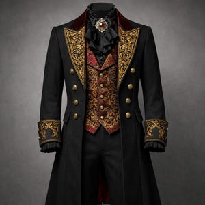 Può includere: Un cappotto nero con ricami e bottoni dorati, abbinato a un gilet rosso e oro e pantaloni neri. Il cappotto presenta dettagli dorati ornati sui polsini e sui risvolti, e una camicia a collo alto con una spilla decorativa.