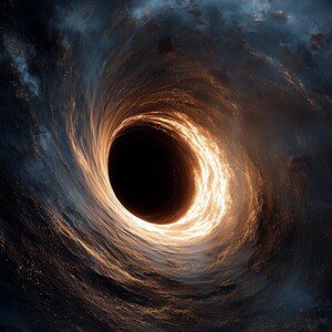 May include: An artistic rendering of a black hole in space. The image features a dark, swirling vortex with a bright, glowing ring of light around the event horizon. The background is filled with dark blues and scattered stars.