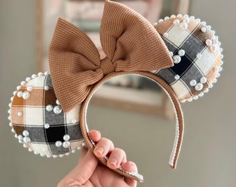 Fall Mouse Ear Headband, Halloween Park Ears, Beige Bow Headband, Neutral Theme Park Outfit Accessory