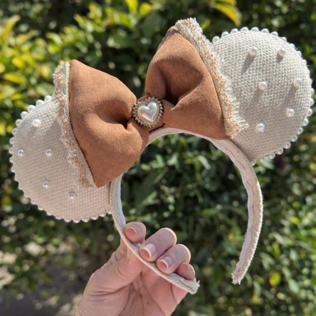 Neutral Lace Pearl Mouse Ears Headband | Tan Brown Animal Themed Park ...
