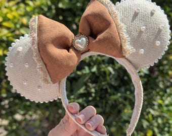Neutral Mouse Ear Headband, Pearl Trim Theme Park Ears, Beige Bow Headband, Neutral Theme Park Outfit Accessory