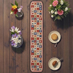 Farmhouse Country Barn Quilted Table Runner, Red Gingham Horse and Star Decor, Rustic Patriotic Patchwork Quilt, Primitive Rural Home Decor