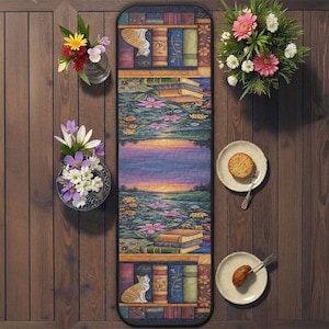 May include: A decorative table runner featuring a whimsical design of books, flowers, and a sunset scene. The runner has a dark border and a quilted texture. Two plates with pastries and flowers in vases are on a wooden table.