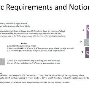 May include: A diagram with instructions for making a bra. The diagram includes a list of fabric and notions needed, as well as instructions for making your own bra straps. The diagram also includes images of the different notions needed.