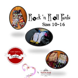 Puede incluir: Patrón de costura Rock 'n Roll Pants para las tallas 10-16. El patrón está aprobado y certificado por los probadores. La imagen muestra un pantalón con un estampado colorido, un pantalón blanco y un pantalón con un estampado en blanco y negro.