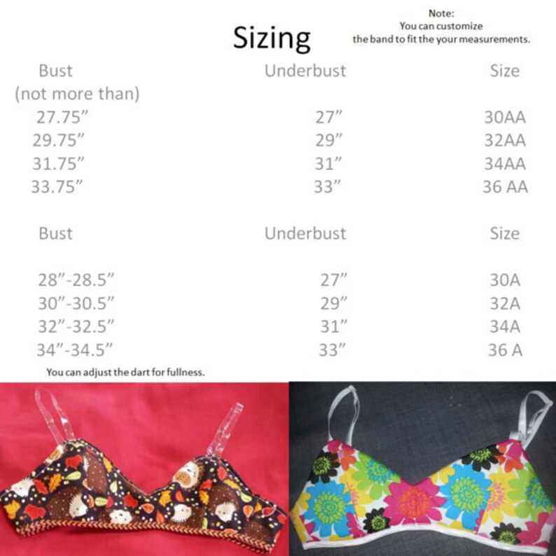 May include: Sizing chart for a bra with underbust and bust measurements in inches. The chart shows the corresponding bra size for each measurement. The image also shows two bras, one with a hedgehog print and the other with a floral print.