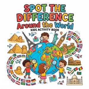 以下が含まれることがあります： 「Spot the Difference Around the World」というタイトルの、子供向けアクティビティブックのカラフルな表紙。表紙には、ランドマーク、旗、虫眼鏡を持った子供たちが描かれた地球儀が描かれています。飛行機と地図も含まれています。