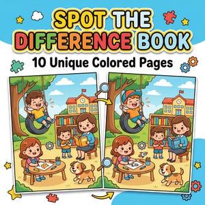 以下が含まれることがあります： 「SPOT THE DIFFERENCE BOOK」というタイトルの子供向けアクティビティブックで、「10 Unique Colored Pages」というテキストが入っています。イラストは、子供、教師、犬がいる遊び場の2つのシーンを並べて表示しています。