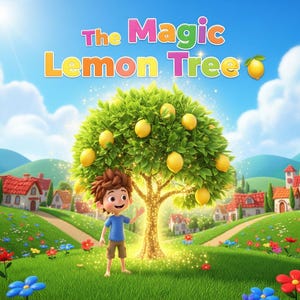 May include: A vibrant illustration of a lemon tree with several ripe lemons. The tree is surrounded by a lush green lawn, a cartoon boy, and a background of houses and a blue sky. The text "The Magic Lemon Tree" is displayed at the top.