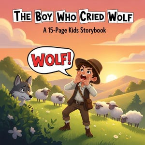 May include: A children's book cover illustration for "The Boy Who Cried Wolf." The image features a young boy shouting "WOLF!" near sheep and a wolf. The book is a 15-page kids' storybook, set against a sunset backdrop.