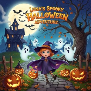 Puede incluir: Ilustración digital de una escena de Halloween. Una niña vestida de bruja camina por un camino de piedra, rodeada de calabazas, fantasmas, una casa encantada, murciélagos y el texto "Luna's Spooky Halloween Adventure."