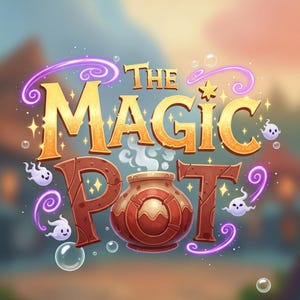 May include: Illustration of "The Magic Pot" in gold and brown tones. The text is stylized with a magical theme, featuring a pot with steam, swirling purple accents, and floating ghost-like figures.