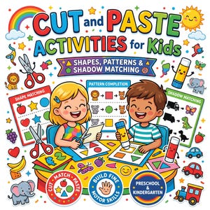 Puede incluir: Ilustración colorida de actividades de cortar y pegar para niños. La imagen presenta el texto "CUT and PASTE ACTIVITIES for Kids" e incluye ejercicios de formas, patrones y emparejamiento de sombras. La imagen también incluye un arcoíris, un sol y varios animales de dibujos animados.