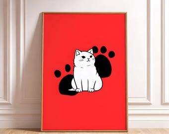 Minimalist White Cat Print, Bold Red Paw Accent, Modern Animal Wall Art (Digital Download)
