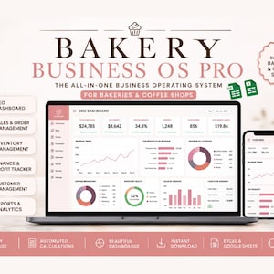 Könnte beinhalten: Ein digitales Betriebssystem für Bäckereien und Cafés mit dem Titel Bakery Business OS Pro. Die Benutzeroberfläche zeigt ein CEO-Dashboard mit Kennzahlen zu Umsatz, Verkäufen, Lagerbestand und Finanzen auf einem Laptop-Bildschirm und einem Smartphone.