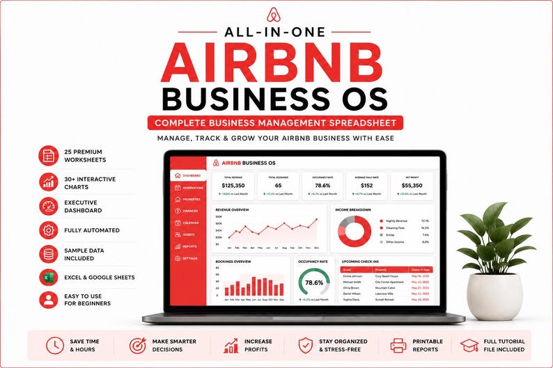 K&ouml;nnte beinhalten: Eine digitale Gesch&auml;ftsverwaltungstabelle f&uuml;r Airbnb-Gastgeber mit dem Titel AIRBNB BUSINESS OS. Die Benutzeroberfl&auml;che zeigt ein Executive-Dashboard mit Umsatz-, Auslastungs- und Einkommensdiagrammen auf einem Laptop-Bildschirm.