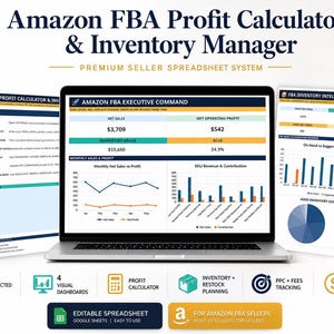 Könnte beinhalten: Ein Laptop zeigt ein Amazon FBA Executive Command Dashboard mit Finanzdaten, Nettoumsätzen und Gewinncharts. Flankiert wird der Laptop von zwei ausgedruckten Blättern, die einen FBA-Gewinnrechner und ein FBA-Bestandsintelligenz-Dashboard zeigen.
