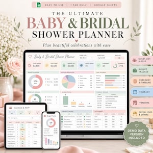Könnte beinhalten: Ein digitaler Baby- und Brautparty-Planer auf einem Laptop, Tablet und Smartphone. Die Benutzeroberfläche zeigt pastellfarbene Diagramme, Budget-Tracker, Gästelisten und Aufgaben-Checklisten mit dem Text The Ultimate Baby & Bridal Shower Planner.
