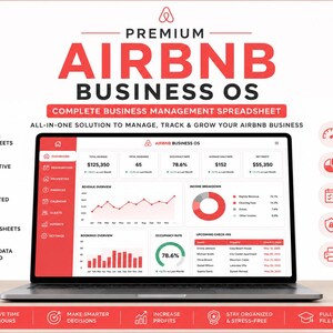 K&ouml;nnte beinhalten: Eine digitale Gesch&auml;ftsverwaltungstabelle f&uuml;r Airbnb-Gastgeber auf einem Laptop-Bildschirm. Die Benutzeroberfl&auml;che ist in Rot und Wei&szlig; gehalten und enth&auml;lt Text wie Premium Airbnb Business OS, Dashboards, Umsatzdiagramme und Auslastungsraten.