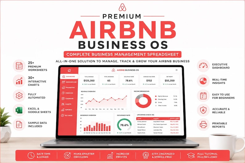K&ouml;nnte beinhalten: Eine digitale Gesch&auml;ftsverwaltungstabelle f&uuml;r Airbnb-Gastgeber auf einem Laptop-Bildschirm. Die Benutzeroberfl&auml;che ist in Rot und Wei&szlig; gehalten und enth&auml;lt Text wie Premium Airbnb Business OS, Dashboards, Umsatzdiagramme und Auslastungsraten.