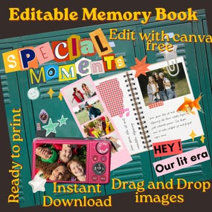 Könnte beinhalten: Das Bild zeigt eine rosa Digitalkamera mit einem Foto von lächelnden Gesichtern und ein offenes Erinnerungsbuch mit Fotos und Text. Die Worte "Special Moments" sind über dem Buch zu sehen. Der Text enthält "Editable Memory Book".