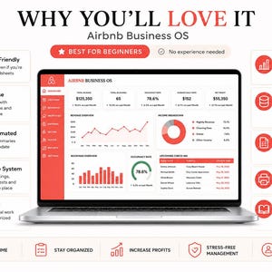 K&ouml;nnte beinhalten: Ein Laptop-Bildschirm zeigt das Airbnb Business OS Dashboard mit Finanzkennzahlen, Umsatzdiagrammen und Buchungsdaten. Die Benutzeroberfl&auml;che ist in Rot und Wei&szlig; gehalten und bietet organisierte Registerkarten, Listen und Grafiken.