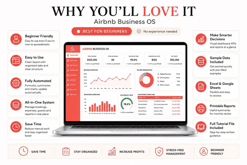 K&ouml;nnte beinhalten: Ein Laptop-Bildschirm zeigt das Airbnb Business OS Dashboard mit Finanzkennzahlen, Umsatzdiagrammen und Buchungsdaten. Die Benutzeroberfl&auml;che ist in Rot und Wei&szlig; gehalten und bietet organisierte Registerkarten, Listen und Grafiken.