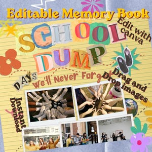 Może przedstawiać: Projekt w stylu scrapbook z napisem "SCHOOL DUMP" w kolorowych, wyciętych literach. Tekst "Editable Memory Book" i "Days We'll Never Forget" jest również obecny. Dołączono kilka zdjęć wraz z tekstem "Drag and Drop images".