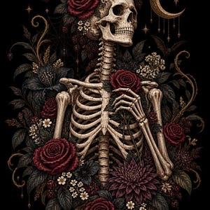Könnte beinhalten: Eine Illustration eines menschlichen Skeletts, geschmückt mit dunkelroten Rosen, dunklem Blattwerk und kleinen weißen Blüten. Das Skelett hält eine einzelne rote Rose an der Brust, mit goldenem Halbmond, Sternen und kleinen Fledermäusen auf schwarzem Grund.